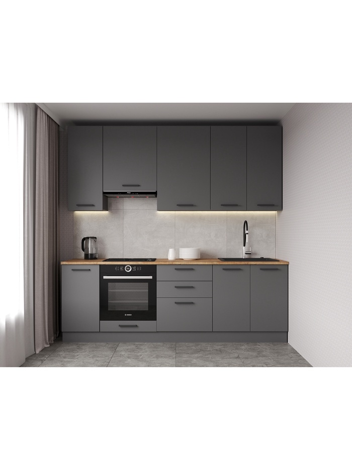 Кухонный гарнитур прямой «АНТРАЦИТ», 2400×600 мм, столешница 26 мм, цвет антрацит/вотан