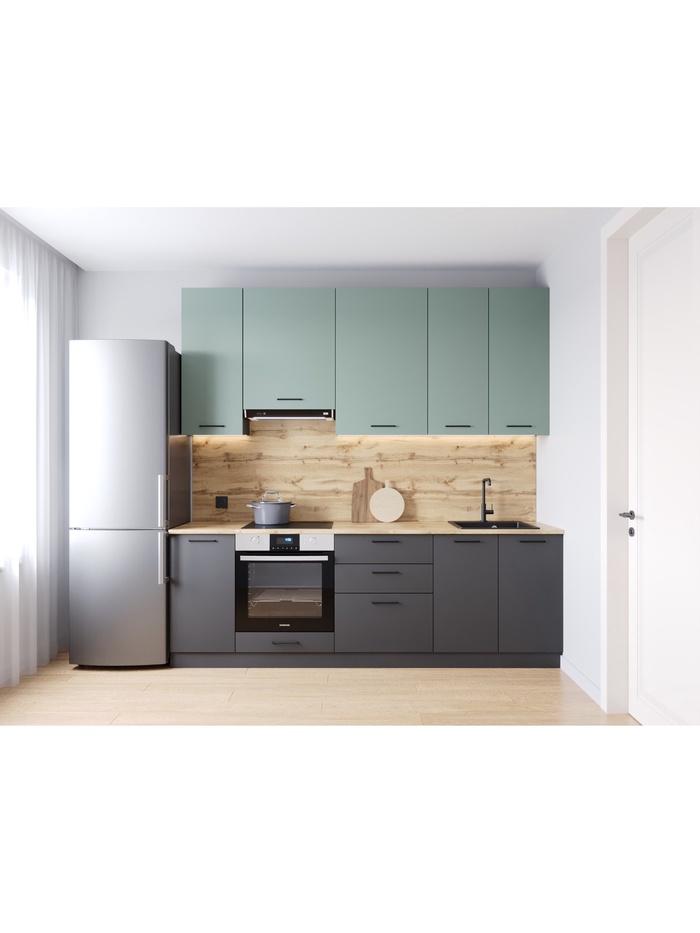 Кухонный гарнитур прямой «ИЗУМРУД», 2400×600 мм, столешница 38 мм, цвет антрацит/муссон/вотан