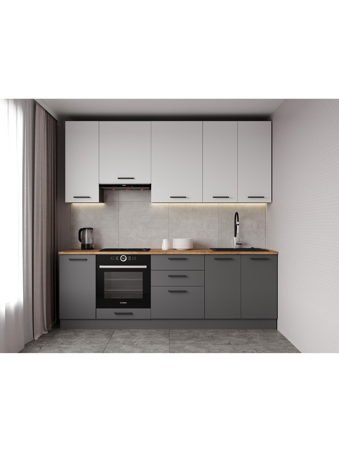 Кухонный гарнитур прямой «ВЕГАС», 2400×600 мм, столешница 26 мм, цвет антрацит/жемчуг/вотан