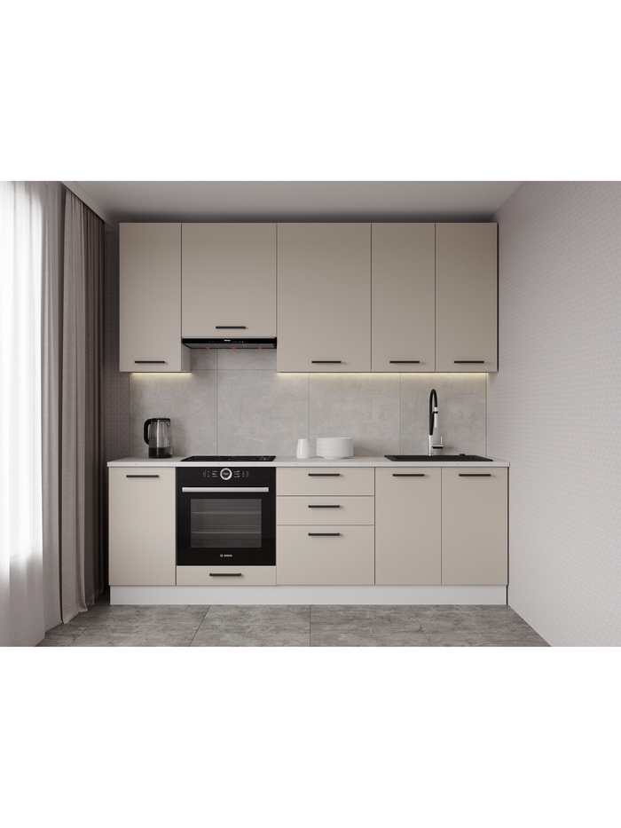 Кухонный гарнитур прямой «ШАМПАНЬ», 2400×600 мм, столешница 26 мм, цвет сатин/марквина белый