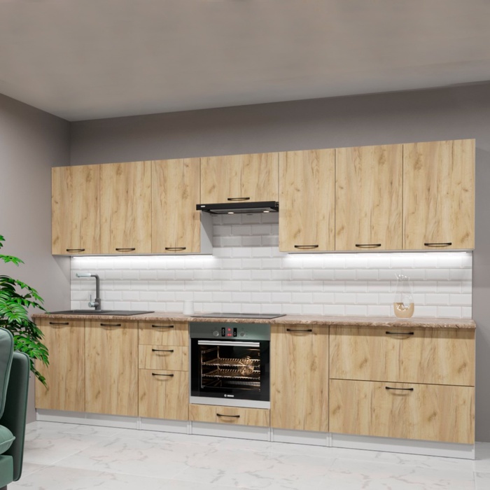 Кухонный гарнитур прямой «Янтарь», 3000 мм, цвет дуб золотой